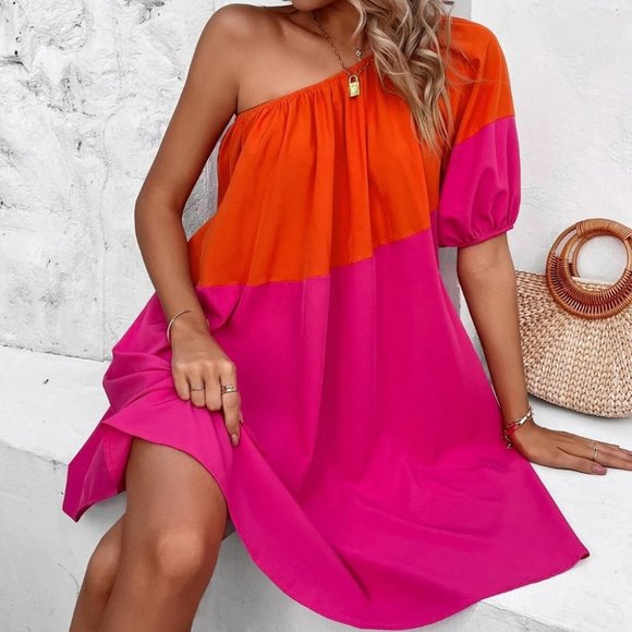 . Dresses & Skirts - Multicolor Preppy Womens Colorblock One Shoulder Puff Sleeve Dress